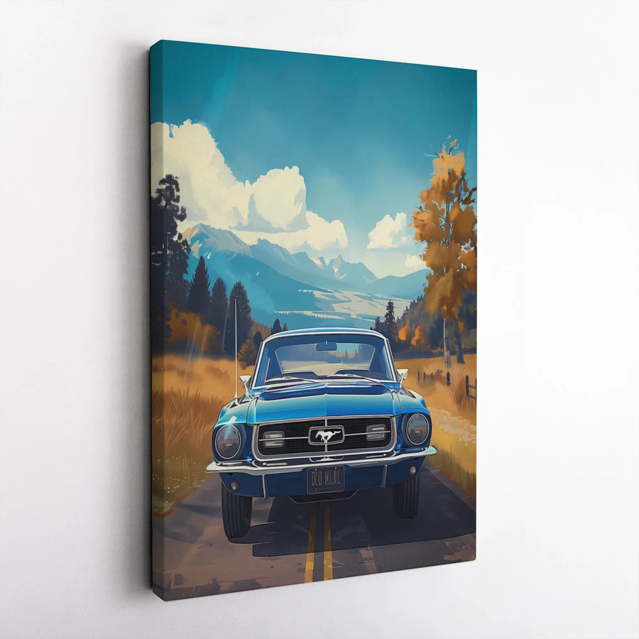 Vintage Muscle Car Canvas Art | Classic Blue Pony Car Landscape | Premium Gallery Wrapped Wall Decor | Gift for Car Enthusiasts
