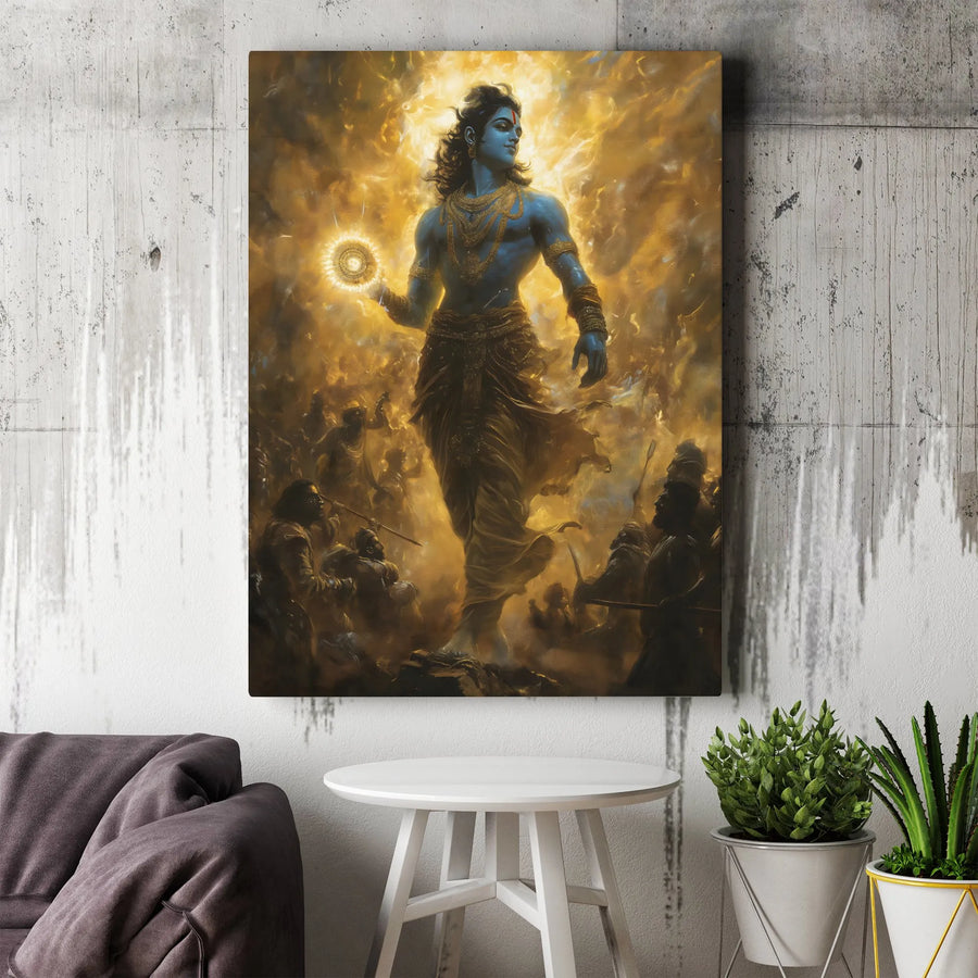 Lord Krishna Canvas Print | Mahabharata Battlefield Art | Premium 1.25 Inch Gallery Wrap | Hindu Deity Home Decor Gift