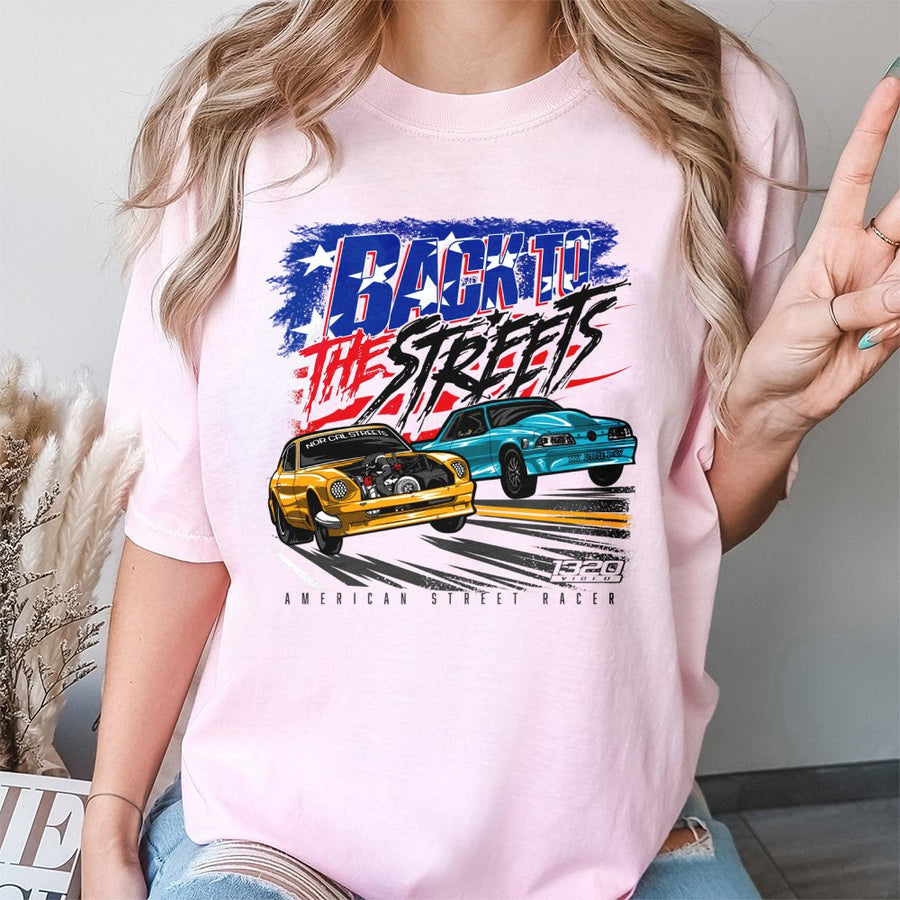 American Street Racer Graphic T-Shirt | Back To The Streets Muscle Car Design | 100% Premium Cotton | Gift for Car Enthusiasts and Gearheads