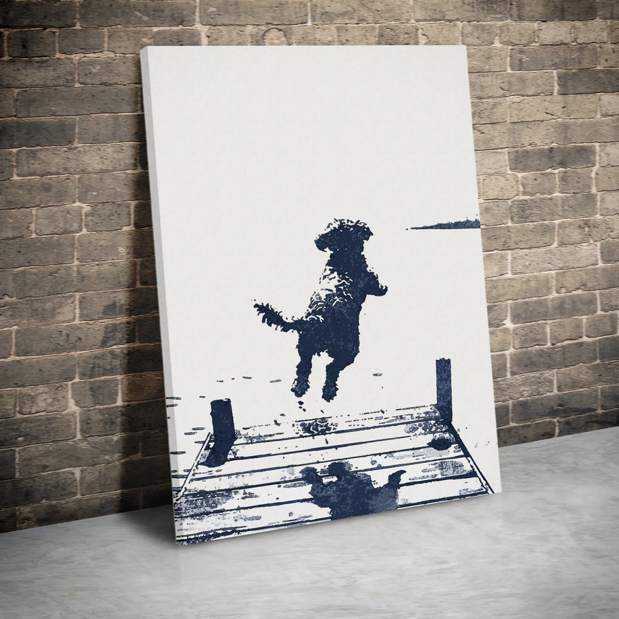 Jumping Dog Art Print | Minimalist Silhouette Lake Dock Wall Decor | Premium 1.25" Gallery Canvas | Gift for Dog Lovers