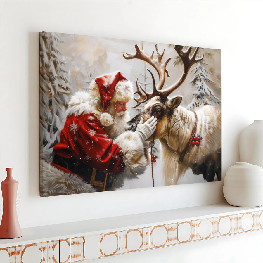 Santa Claus With Reindeer Canvas Wall Art | Whimsical Winter Forest Scene | Premium Gallery Wrap Print | Festive Christmas Home Decor Gift