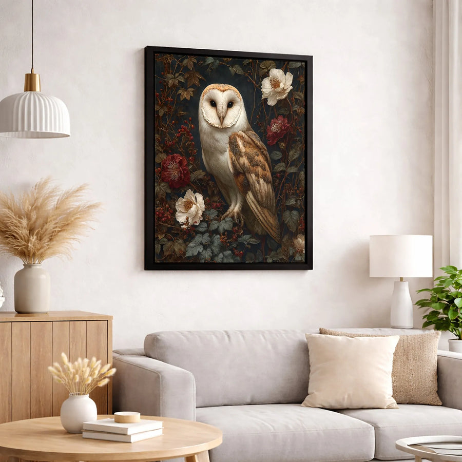 Barn Owl Canvas Wall Art | Moody Floral Botanical Illustration | Gallery-Quality Fade-Resistant Print | Elegant Nature Home Decor Gift