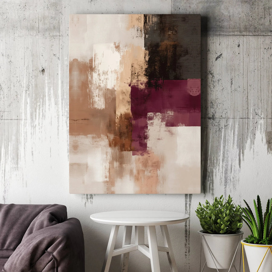 Abstract Canvas Wall Art | Neutral Burgundy Brown Brushstrokes | Premium Gallery Wrapped Print | Modern Minimalist Home Decor Gift