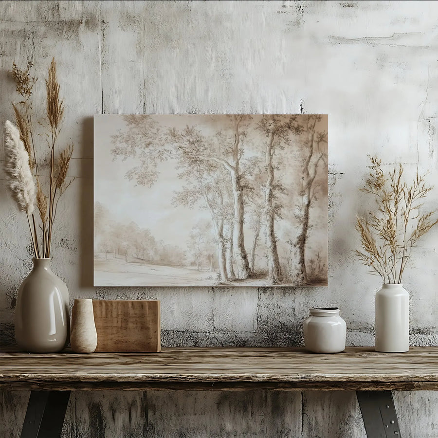 Vintage Forest Sketch Canvas Art | Antique Tree Landscape Drawing | Premium 1.25" Gallery Wrap | Rustic Farmhouse Wall Decor Gift