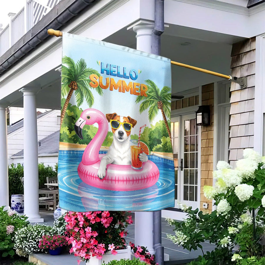 Hello Summer Garden Flag | Cute Jack Russell Dog Pool Party Decor | Premium Weather-Resistant Polyester | Seasonal Outdoor Yard Gift