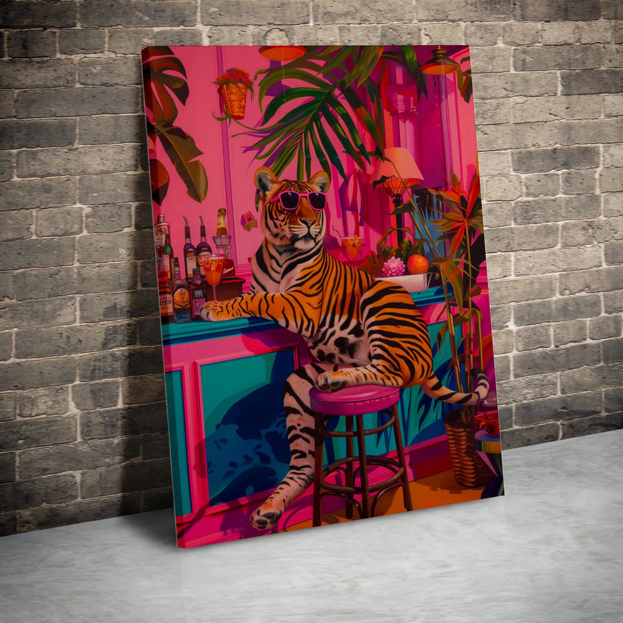 Tiger Canvas Wall Art | Pink Tropical Bar Pop Art Print | 1.25-Inch Gallery Wrap | Fun Jungle Animal Decor for Modern Home