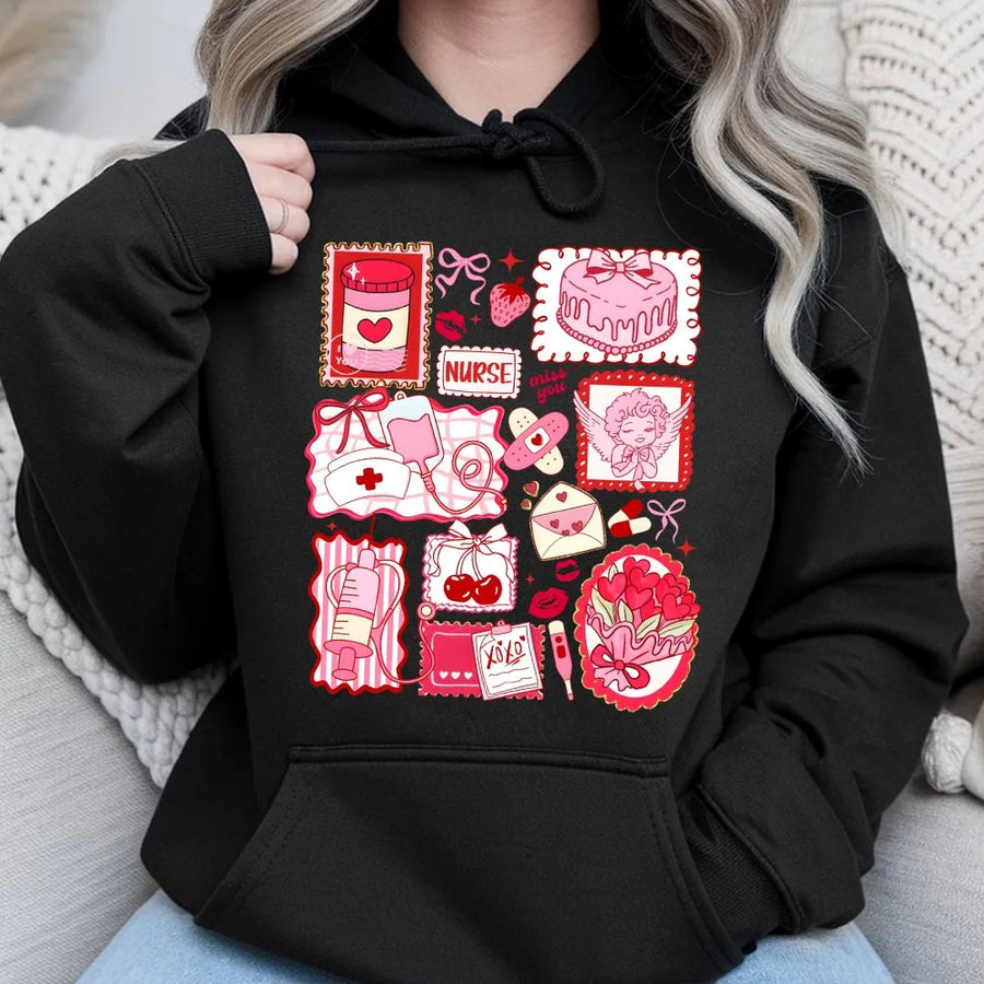 Nurse Valentine Hoodie | Coquette Aesthetic Medical Doodle Print | Premium Cotton Blend | Cute Nurse Gift for Women and Students