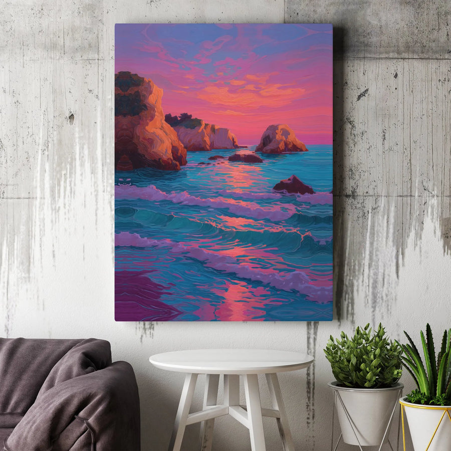 Coastal Sunset Canvas Wall Art | Vibrant Seascape Painting | Thick Gallery Wrapped Canvas | Modern Home Decor Gift