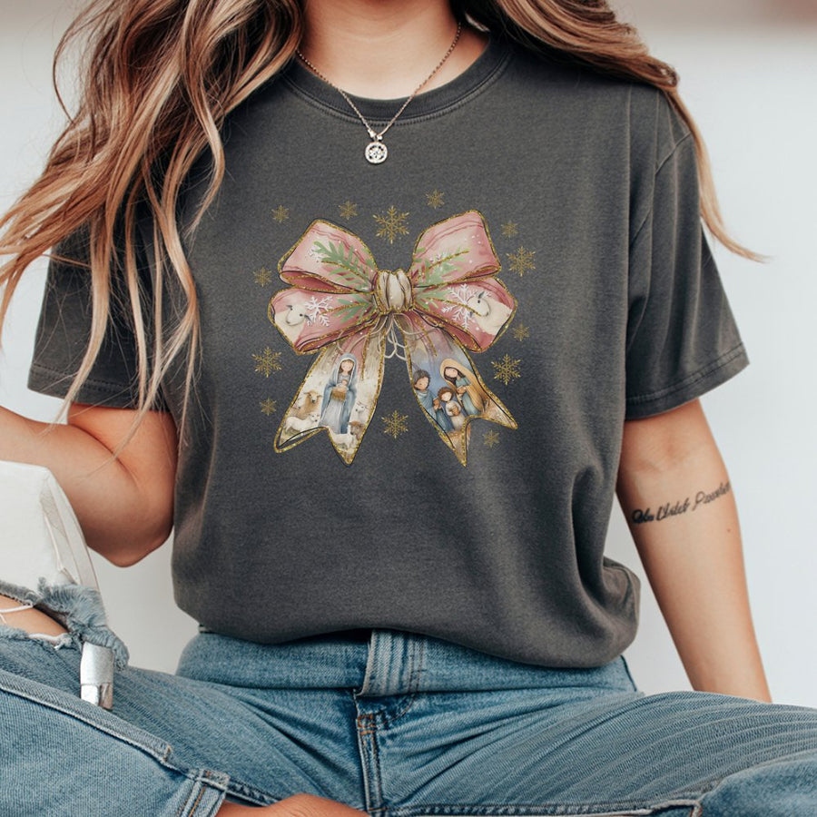 Nativity Scene Coquette Bow T-Shirt | Christian Christmas Graphic Tee | Premium Cotton Holiday Apparel | Religious Faith Gift for Women