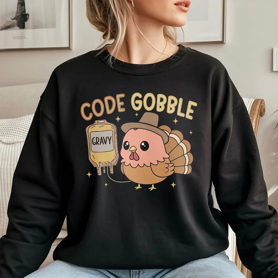 Funny Nurse Thanksgiving Sweatshirt | Code Gobble Turkey Graphic | Premium Cotton Blend Sweatshirt | Gift for RN CNA ER Nurse Crew