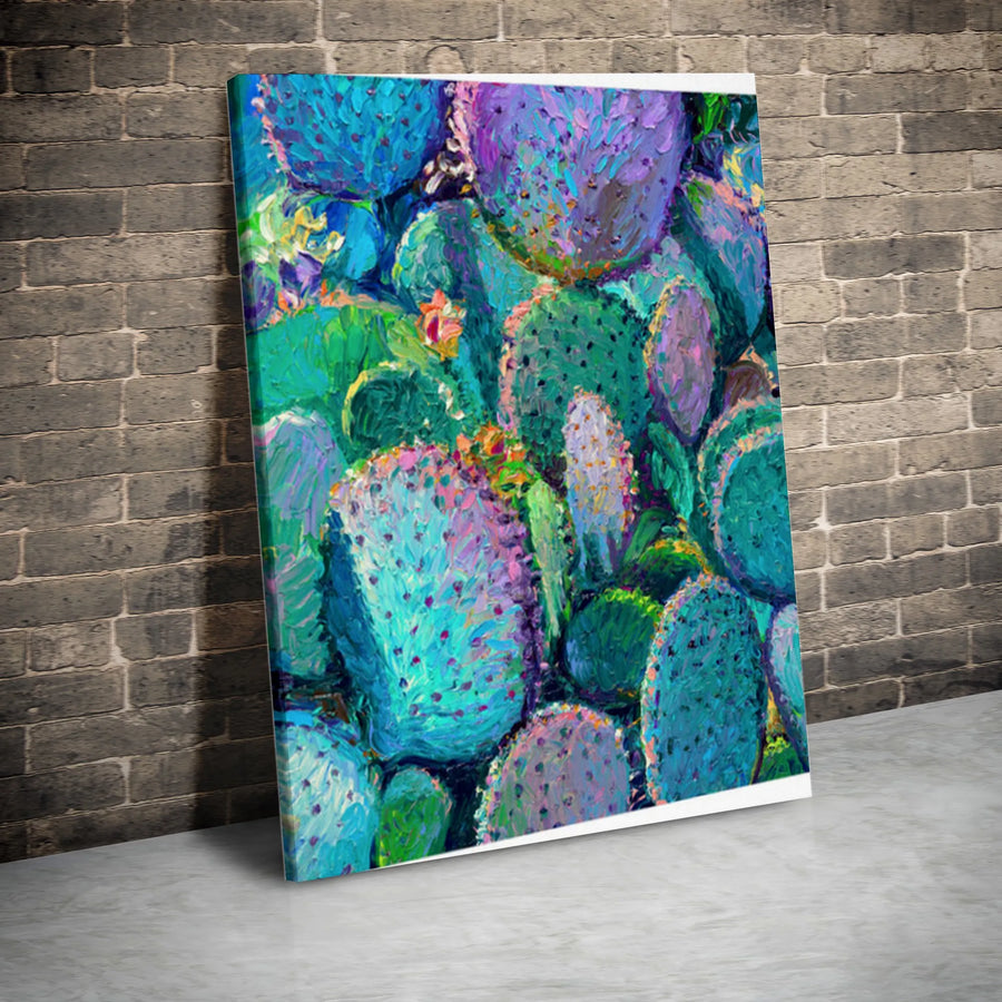 Prickly Pear Cactus Canvas Wall Art | Colorful Impressionist Painting Print | Premium Gallery Wrapped Canvas | Modern Southwestern Desert Home Decor