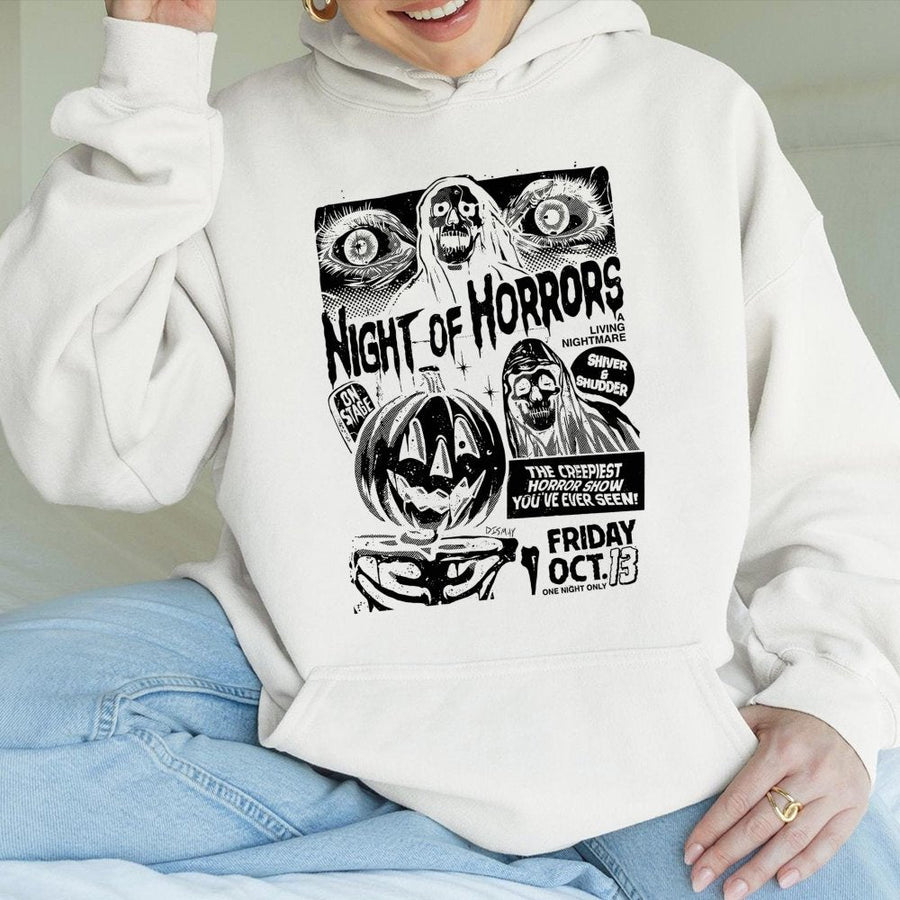Night of Horrors Halloween Hoodie | Vintage Creepy Skull & Pumpkin Graphic | Premium Cotton-Blend Pullover | Spooky Horror Movie Fan Gift