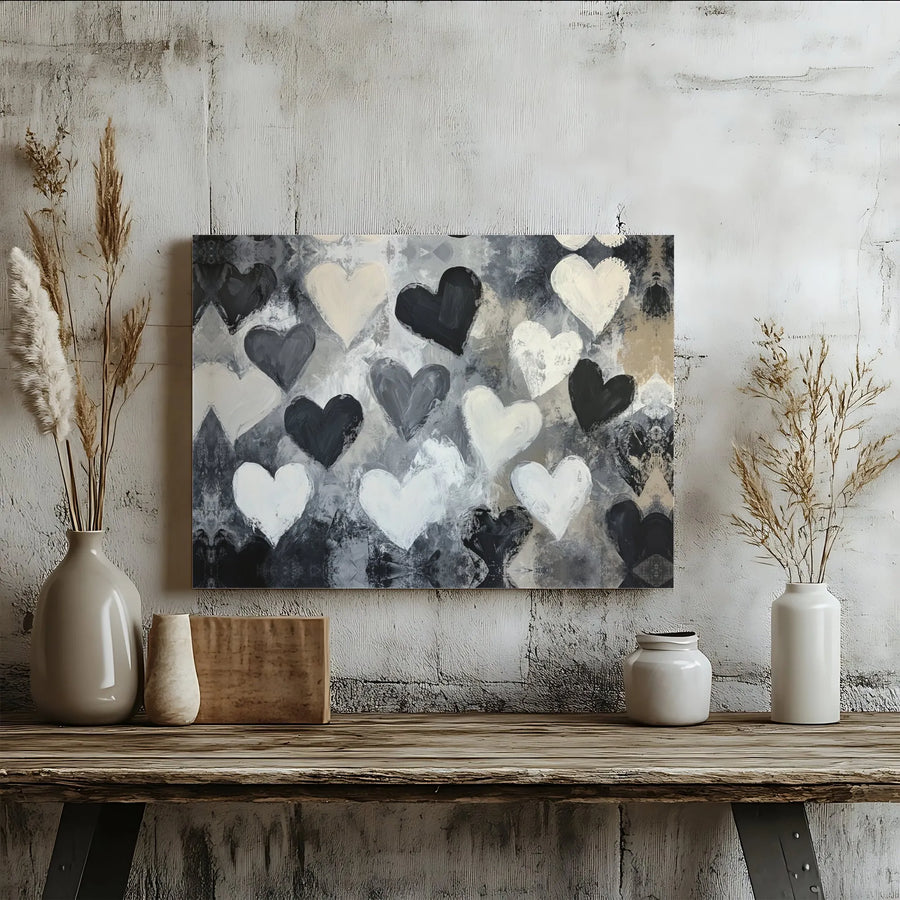 Abstract Heart Wall Art | Black And White Painted Hearts Canvas | Premium Gallery Wrapped Decor | Modern Minimalist Living Room Gift