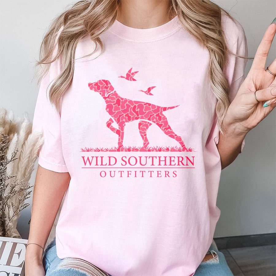 Hunting Dog T-Shirt | Pink Camo Pointing Dog Graphic | Premium 100% Cotton Tee | Southern Style Gift For Women Outdoor Enthusiasts