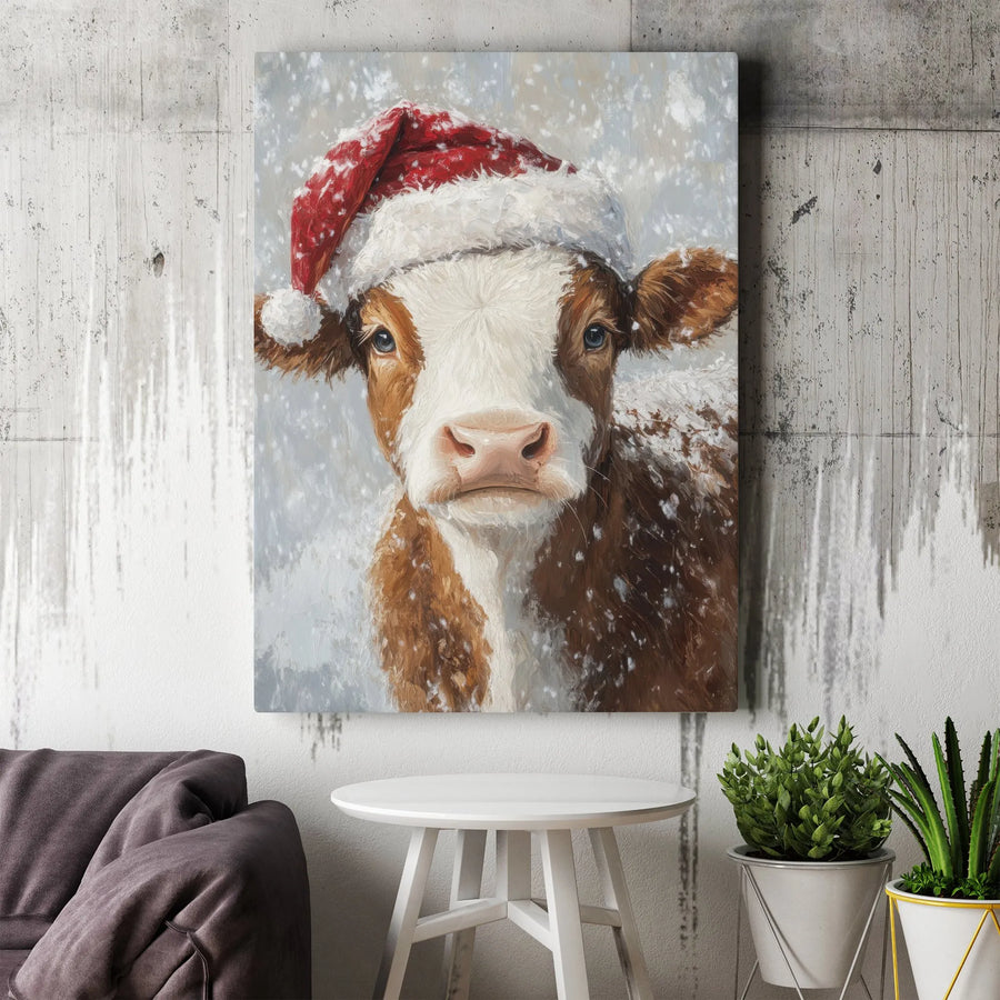 Christmas Cow Canvas Art | Farmhouse Winter Animal Portrait | Premium Gallery Wrapped Print | Holiday Wall Decor Gift for Farm Lovers
