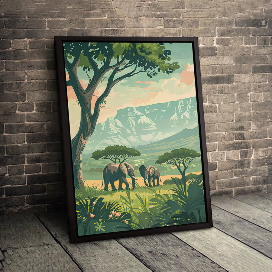 African Elephant Canvas Wall Art | Stylized Safari Landscape Print | Premium 1.25-Inch Gallery Wrap | Wildlife Nature Gift for Home Decor