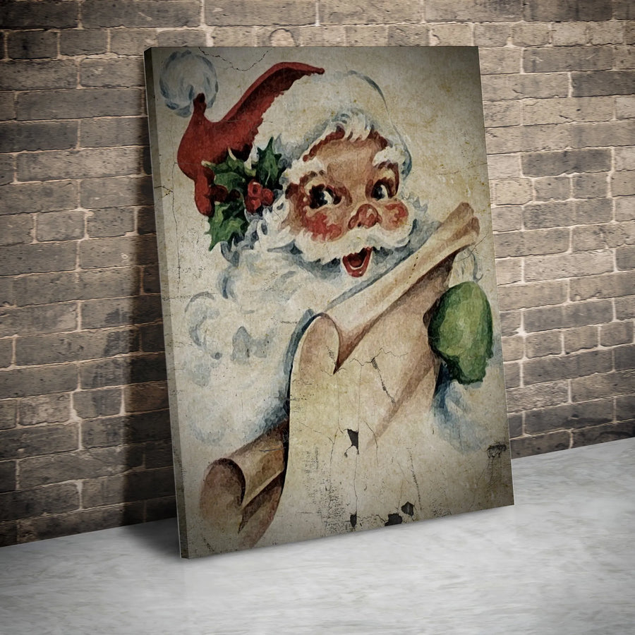 Vintage Santa Claus Wall Art | Distressed Christmas Decor | Premium Gallery Canvas | Retro Holiday Gift for Home Office