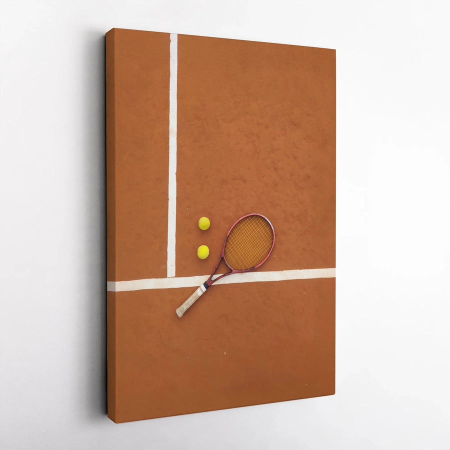Tennis Court Wall Art | Clay Court Racket And Balls Print | Premium Gallery Wrapped Canvas | Sports Decor Gift For Tennis Players