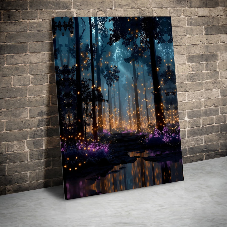 Enchanted Forest Canvas Wall Art | Magical Firefly Woodland Landscape | Premium Fade-Resistant Print | Mystical Nature Decor for Home Office