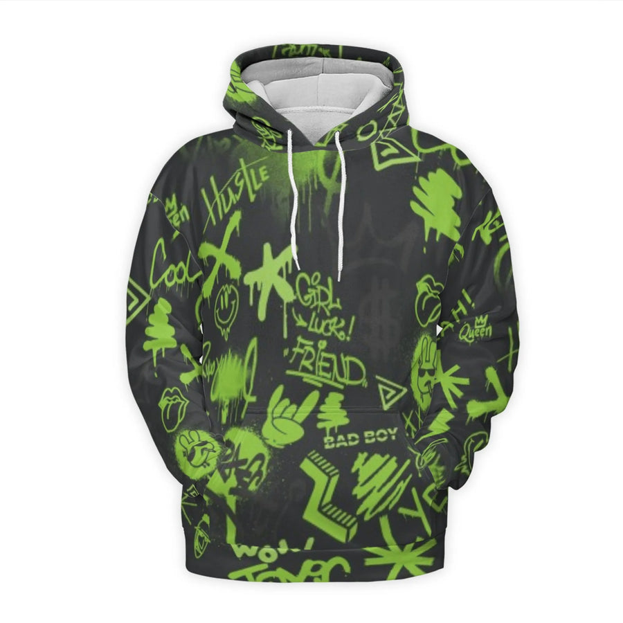 Neon Green Graffiti Hoodie | Urban Streetwear All-Over Print | Premium Polyester Fleece | Unisex Graphic Pullover for Men and Women
