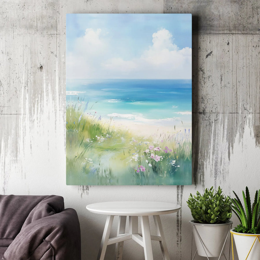 Coastal Beach Painting Canvas Wall Art | Wildflower Path to Ocean Seascape | Premium Gallery Wrapped Print | Modern Living Room Decor Gift