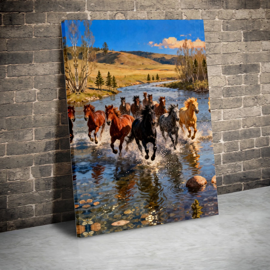 Wild Horses Canvas Wall Art | Running Herd in River Landscape | Premium Gallery Wrapped Canvas | Western Home & Office Decor Gift
