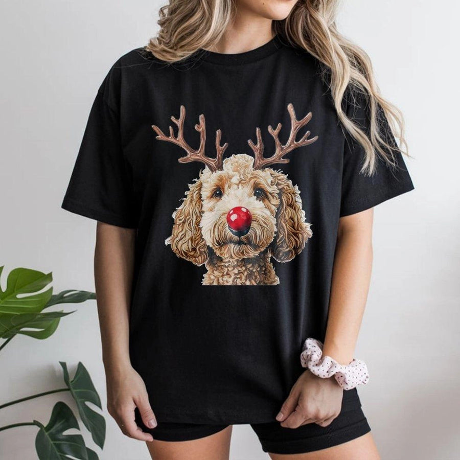 Goldendoodle Christmas T-Shirt | Reindeer Antlers and Red Nose Design | Premium 100% Cotton | Funny Dog Lover Holiday Gift