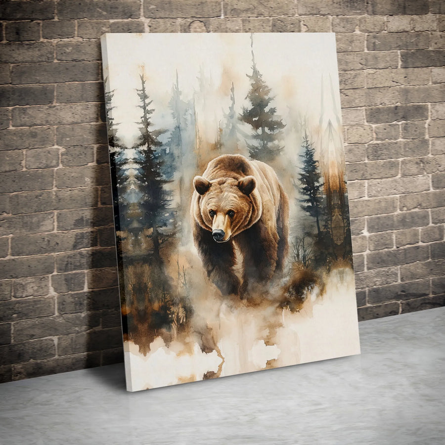 Grizzly Bear Canvas Wall Art | Watercolor Misty Forest Painting | Premium Gallery Wrap Canvas | Rustic Cabin & Lodge Decor Gift