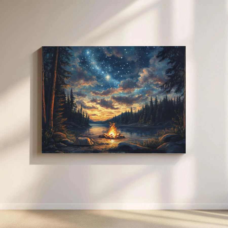 Starry Night Forest Canvas Print | Campfire By The River Landscape Art | Gallery-Quality 1.25" Thick Wall Decor | Nature Lover Cabin Gift