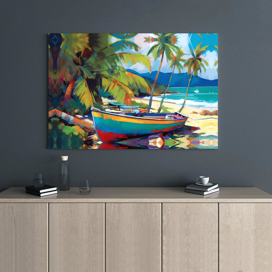 Tropical Beach Canvas Wall Art | Colorful Boat Nautical Painting | Premium Gallery Wrap Print | Coastal Home Decor Gift for Beach Lovers