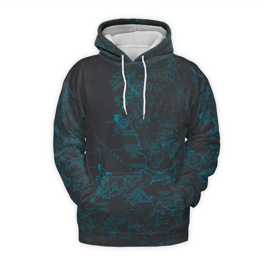 Massachusetts Nautical Chart Hoodie | All-Over Print Map Graphic | Soft Brushed Fleece | Premium Gift for Sailors and Coastal Explorers