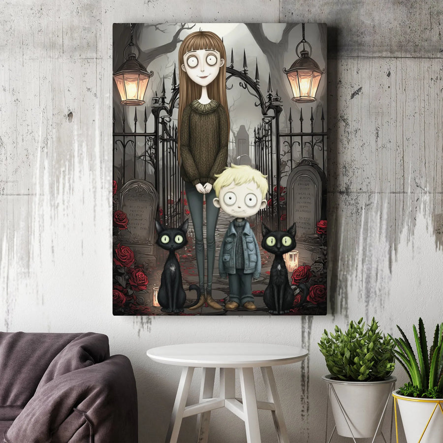 Gothic Graveyard Wall Art | Whimsical Mother and Son Illustration with Black Cats | Gallery-Quality 1.25 inch Canvas | Spooky Home Decor Gift