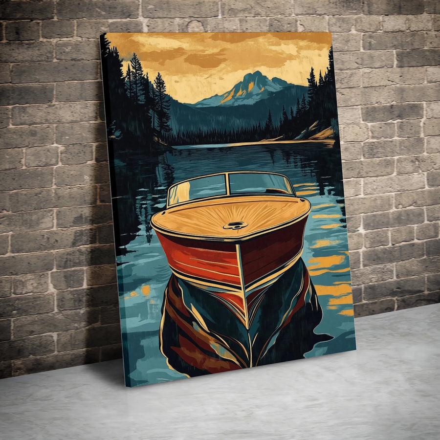 Vintage Wooden Boat Canvas Print | Mountain Lake Sunset Wall Art | Premium 1.25-Inch Gallery Wrap | Rustic Nautical Home Decor Gift