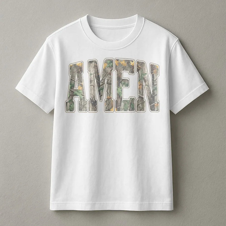 Amen Camo T-Shirt | Rustic Tree Bark Camouflage Faith Graphic | Premium Soft Cotton Tee | Christian Hunting Apparel Gift for Men & Women