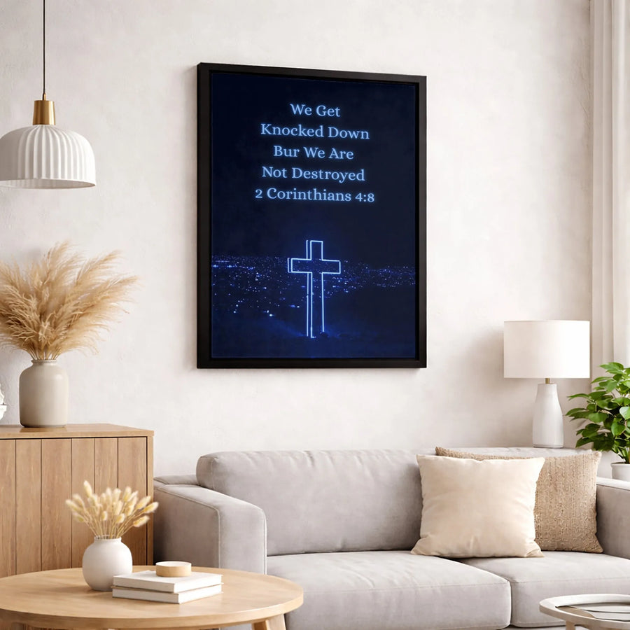 2 Corinthians 4:8 Bible Verse Canvas | Glowing Neon Cross Wall Art | Premium 1.25 Inch Gallery Wrap | Inspirational Christian Gift for Home Decor
