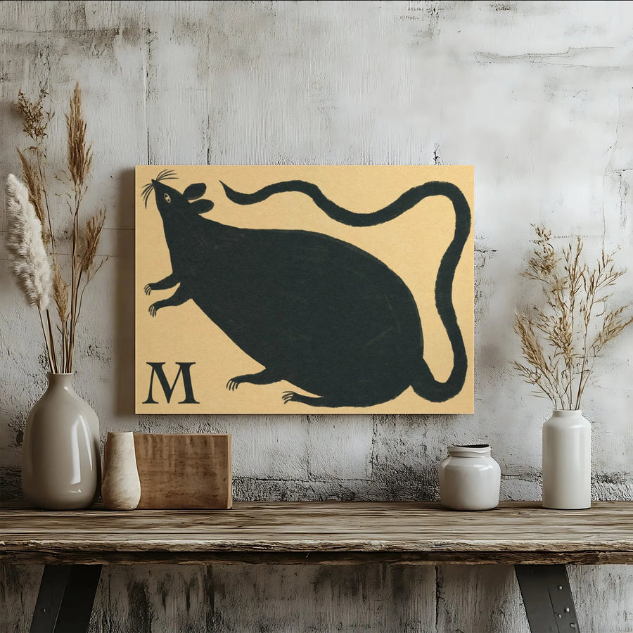 Letter M Mouse Wall Art | Black Folk Art Animal Canvas | Premium Gallery Wrapped Decor | Whimsical Nursery Or Office Gift