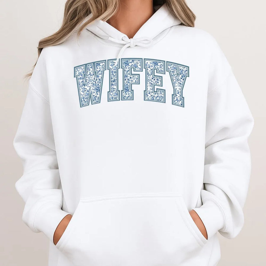 Wifey Floral Hoodie | Elegant Toile Botanical Print | Soft Cotton-Poly Blend | Premium Engagement Gift for Bride and Just Married Couples