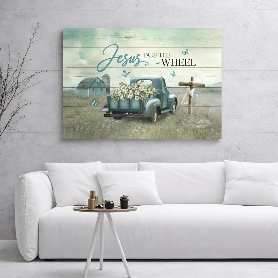 Jesus Take The Wheel Canvas Wall Art | Vintage Farmhouse Truck with Daisies and Cross | Premium 1.25-inch Gallery Wrap | Inspirational Christian Home Decor Gift