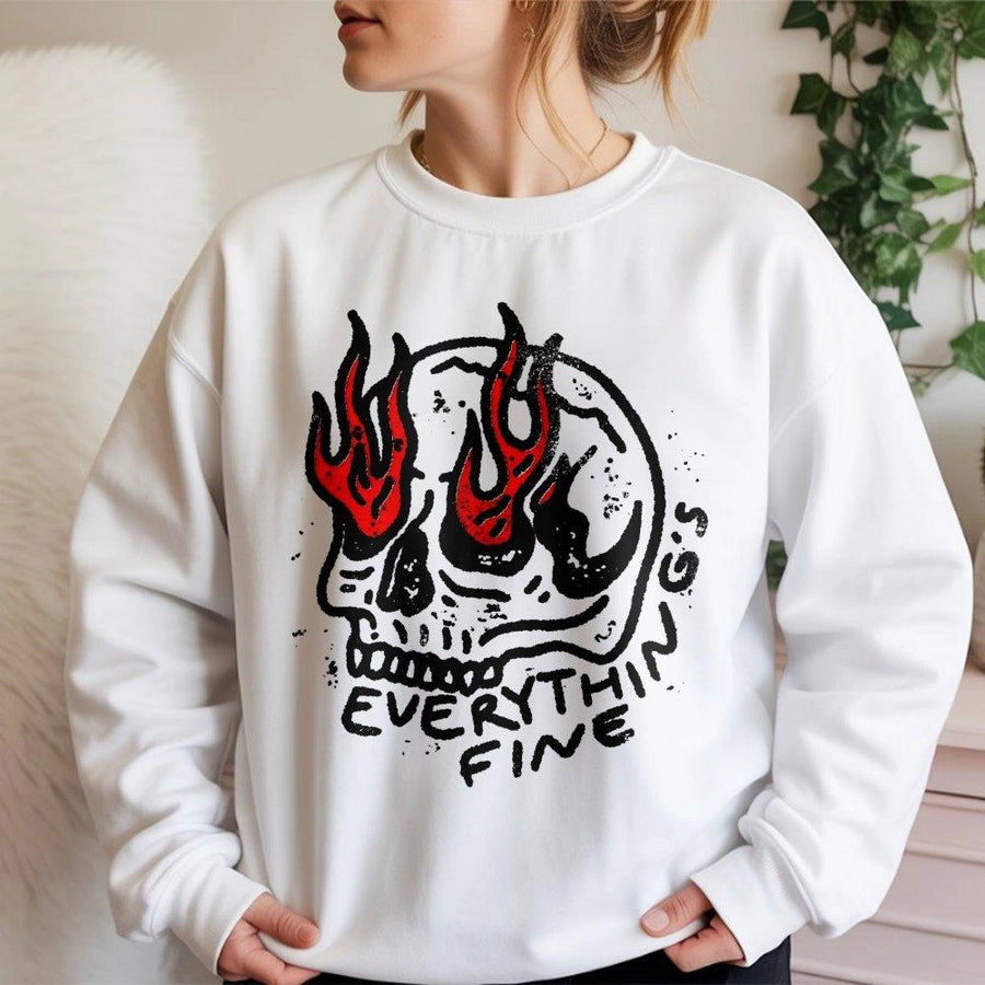 Everything Is Fine Sweatshirt | Retro Grunge Skull Graphic | Cotton Blend Premium Crewneck | Sarcastic Funny Gift for Adults