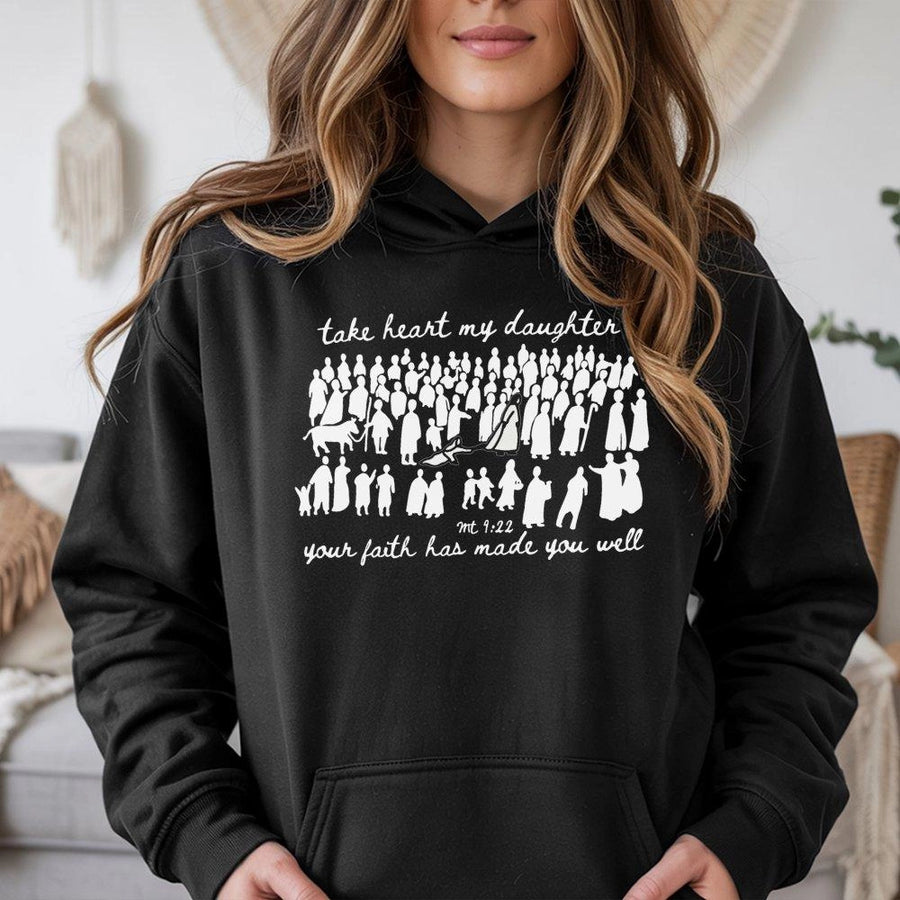 Christian Bible Verse Hoodie | Take Heart My Daughter Matthew 9:22 Graphic | Premium Cotton-Blend Comfort | Faith-Based Gift For Women