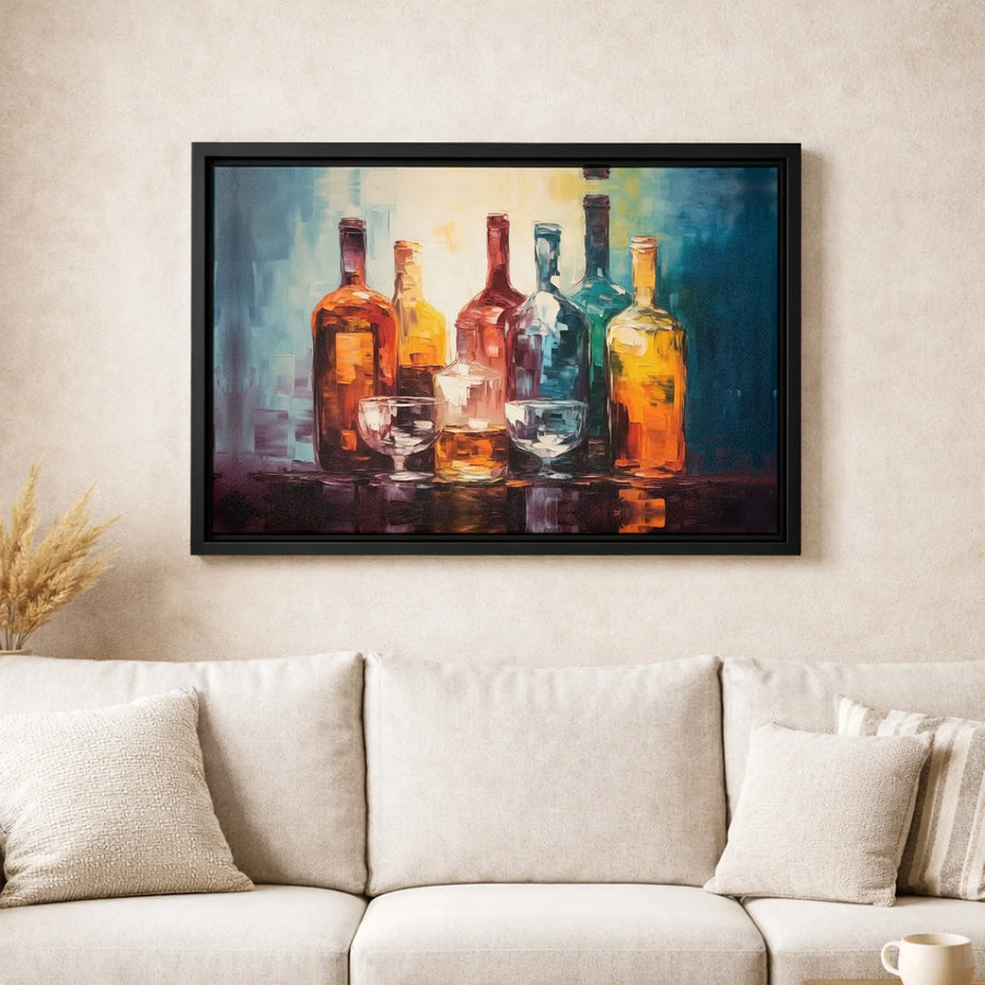 Colorful Wine Bottles Canvas Art | Abstract Still Life Oil Painting Print | Gallery Quality 1.25 Inch Wrap | Premium Dining Room Wall Decor