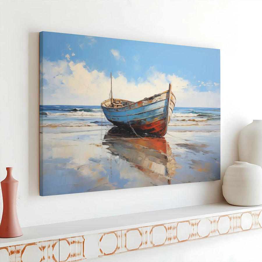 Coastal Boat Canvas Wall Art | Impressionist Seascape Painting Print | Premium Gallery Wrapped Canvas | Beach House Wall Decor Gift