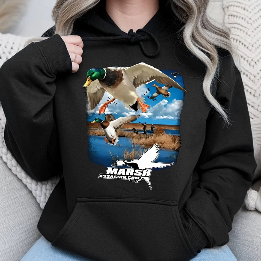 Duck Hunting Hoodie | Mallard In Flight Wildlife Graphic | Premium Cotton Blend | Gift for Hunter Outdoor Enthusiast