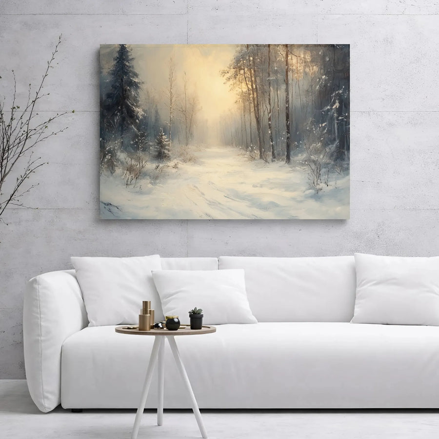 Winter Forest Canvas Wall Art | Snowy Woodland Landscape with Golden Sunlight | 1.25 Inch Gallery Wrap | Seasonal Home Decor Gift