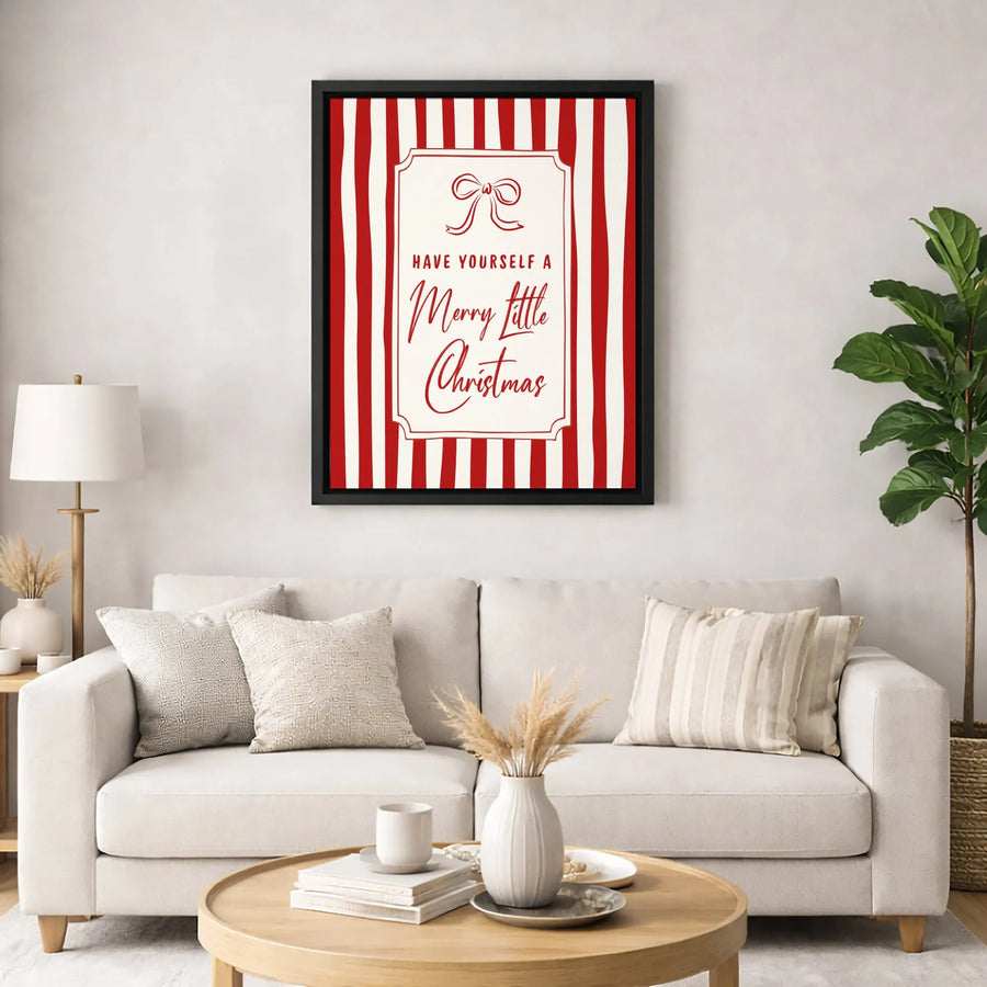 Merry Little Christmas Wall Art | Red Striped Farmhouse Holiday Decor | Premium Gallery Wrapped Canvas | Festive Seasonal Home Gift
