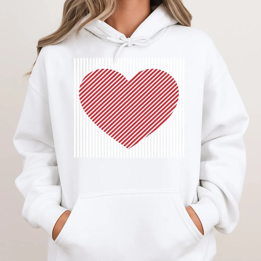 Striped Heart Hoodie | Retro Minimalist Love Graphic | Cotton Blend Premium Pullover | Unisex Valentine Gift for Her or Him
