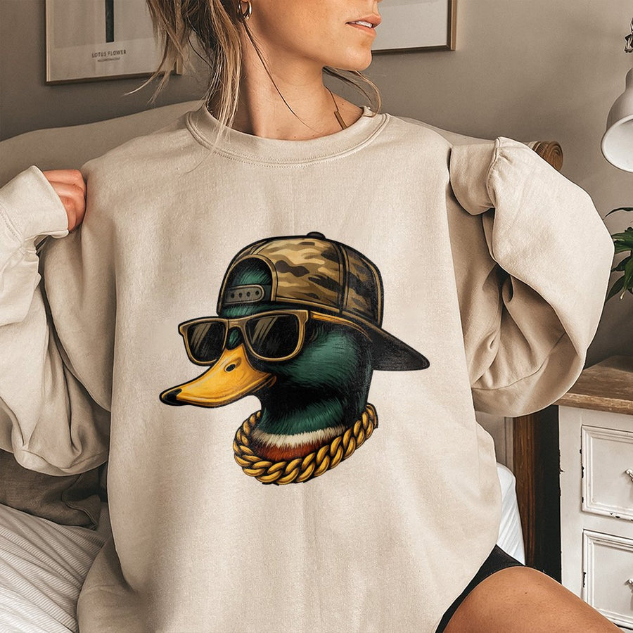Cool Duck Graphic Sweatshirt | Swag Mallard Bird with Sunglasses & Camo Hat | Premium Cotton Blend | Funny Hunter Gift for Men & Women