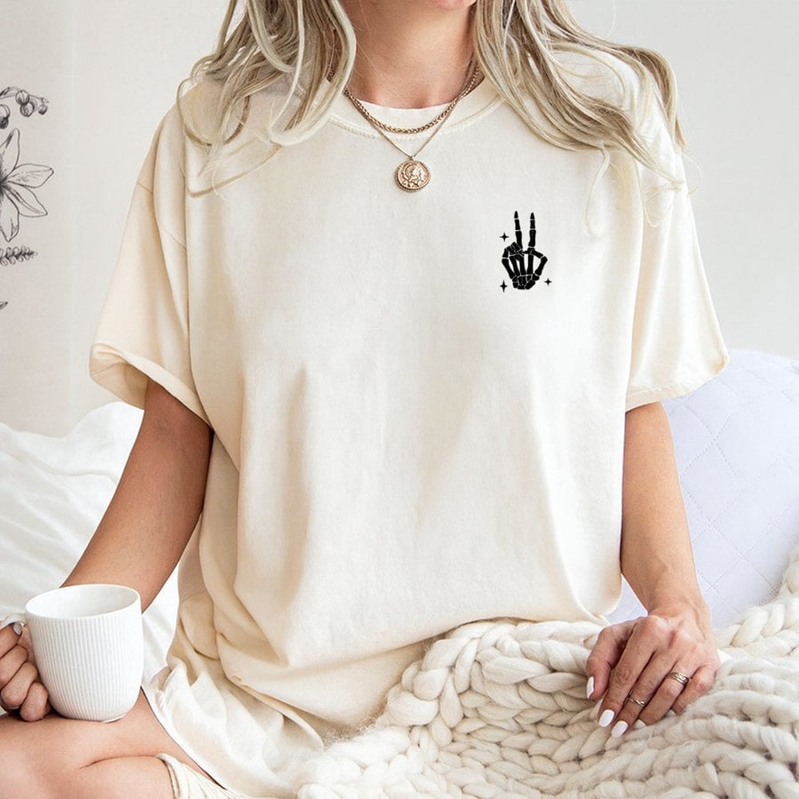 Skeleton Peace Sign T-Shirt | Edgy Hand Gesture Graphic Tee | 100% Cotton Premium Quality | Aesthetic Streetwear Gift For Men And Women