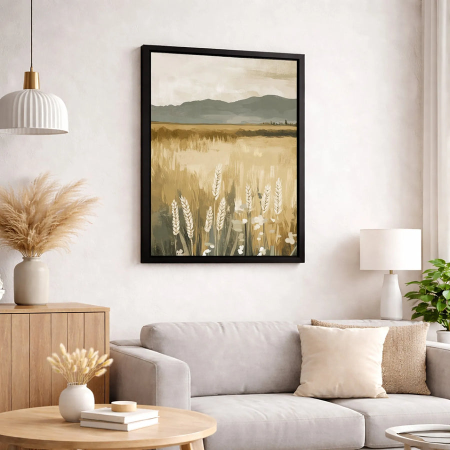 Golden Wheat Field Canvas Wall Art | Abstract Mountain Landscape Print | Premium 1.25 Inch Gallery Wrap | Modern Farmhouse Home Decor
