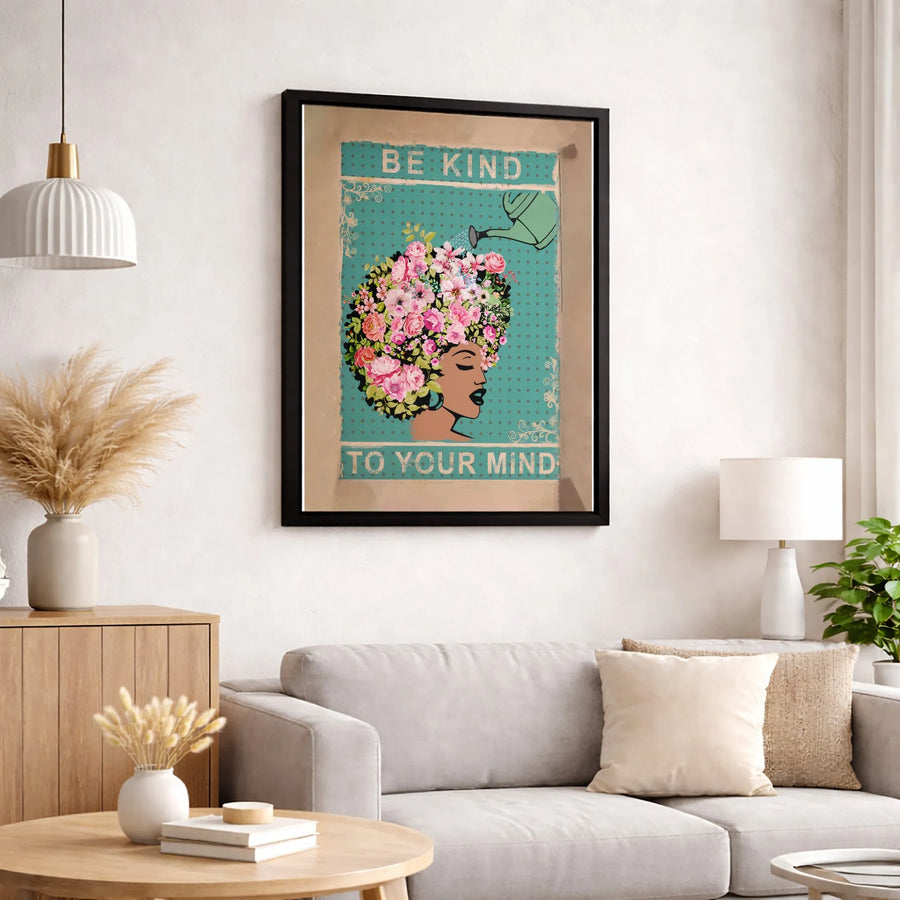 Be Kind To Your Mind Wall Art | Black Woman Floral Afro Design | Premium Gallery Canvas | Mental Health Awareness Gift